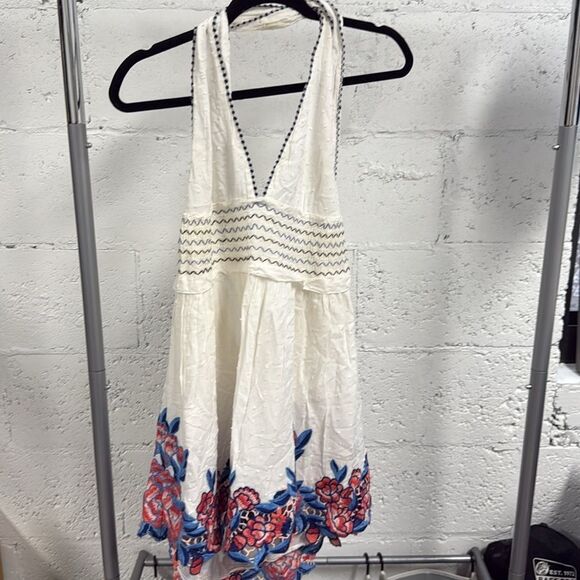 SAYLOR Cream and Blue and Red Embroidered Baby Doll Halter Dress - Size XS - Picture 1 of 4